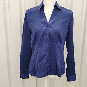 East 5th Blouse Button Down Satin Top Shirt Medium Blue